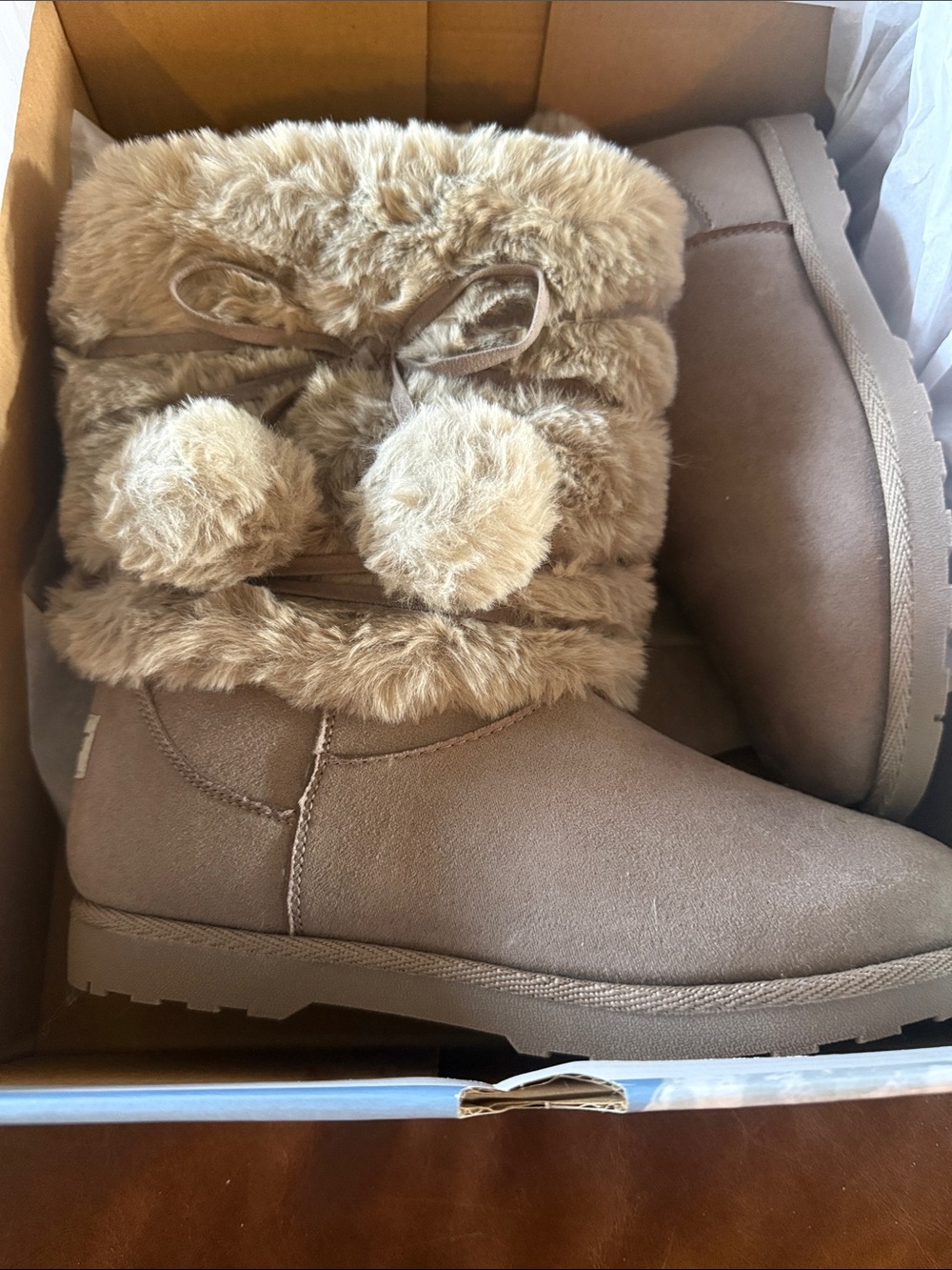Kids Faux-Fur Pom Slip-On Boots - Taupe